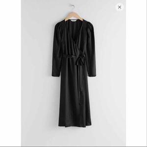 & other stories black midi wrap puff sleeve dress